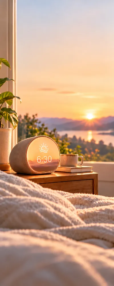 A bedside clock at 6:30 with sunrise coming through the window.
