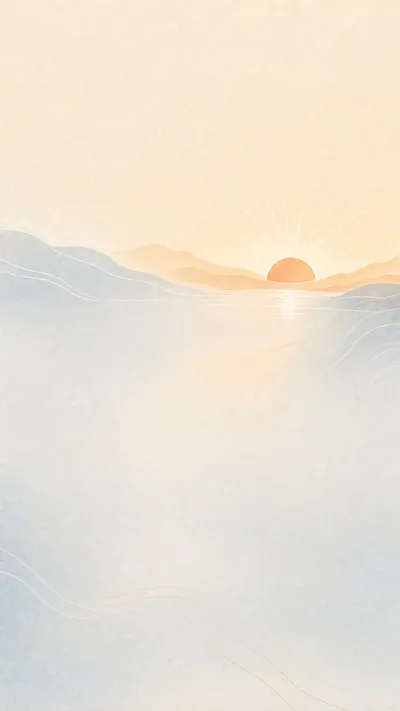 A sun setting into a misty blue lake