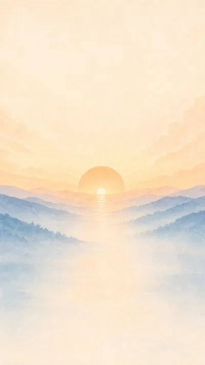 A sun over blue mountain ridges in mist