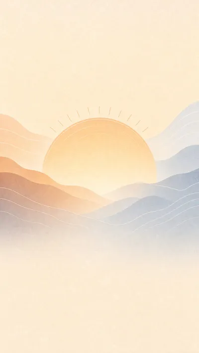 A large sun rising over orange and blue mountains