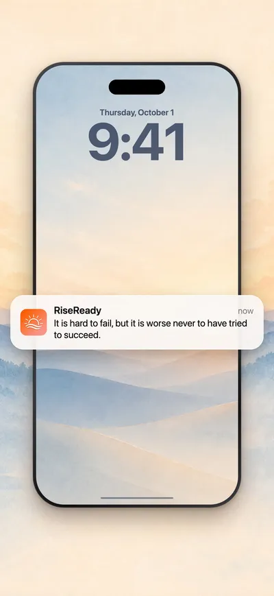 A RiseReady reminder over a Lock Screen with a watercolor sunrise