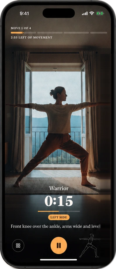 The movement screen: a warrior pose held for fifteen seconds, with the form cue underneath.