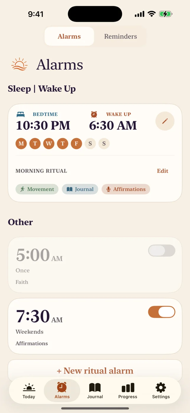 The alarms screen: bedtime at 10:30 PM, wake up at 6:30 AM, and a morning ritual of movement, journal and affirmations.