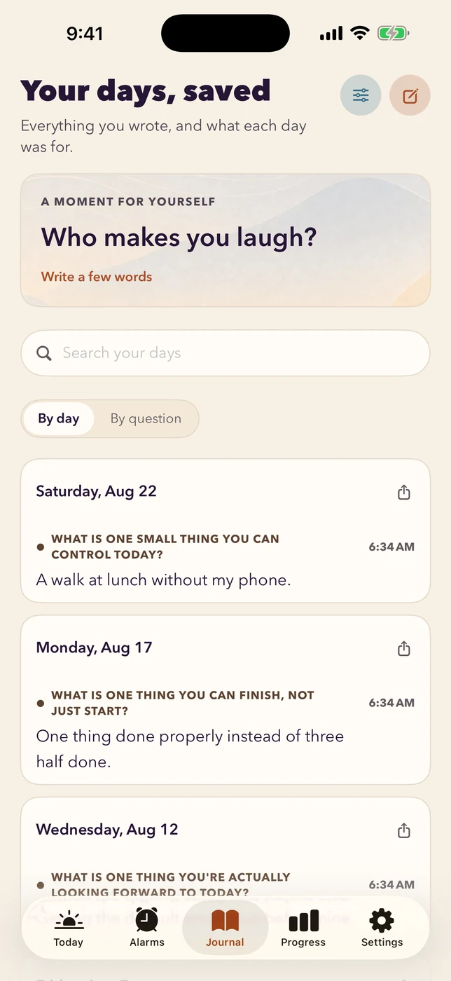 The journal screen, Your days saved: each entry shows the question that was asked above the answer that was written, with a By day and By question toggle and a search field.