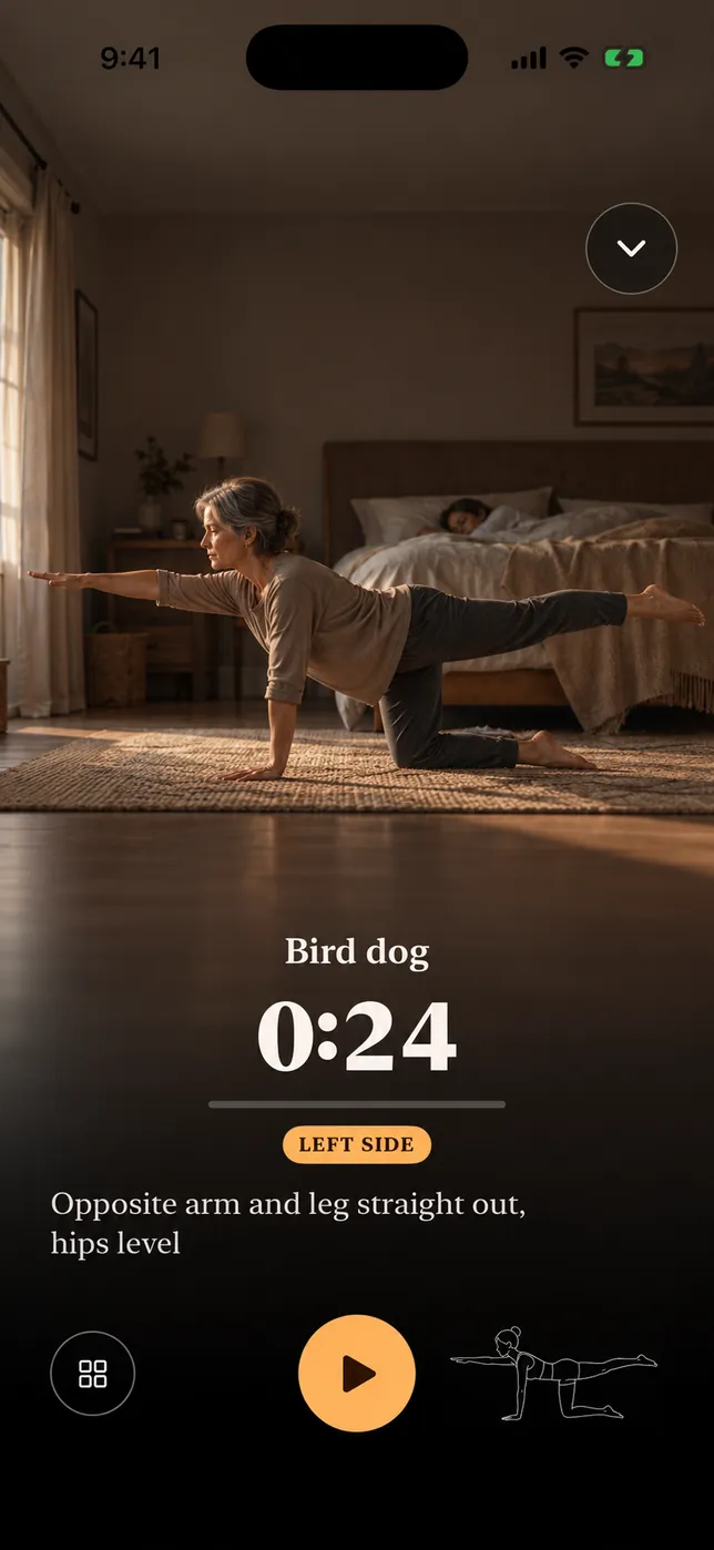 Bird dog during a Keep It Quiet routine, done on a bedroom rug while someone sleeps in the bed behind.