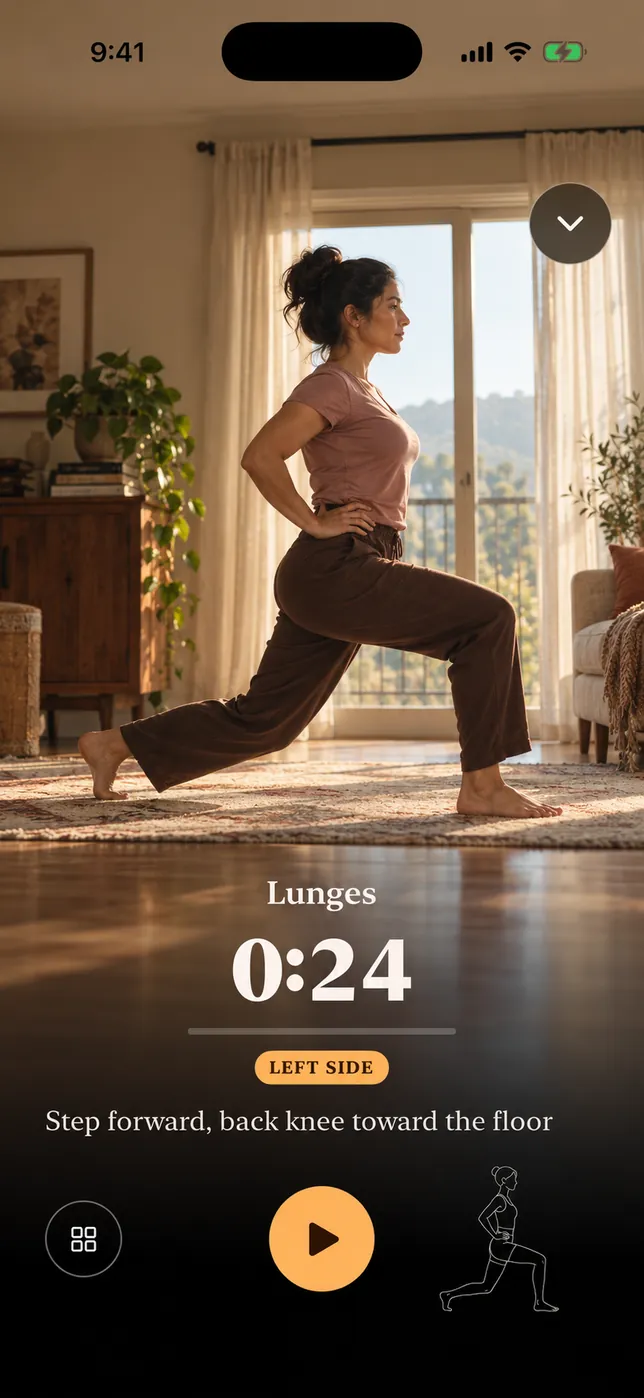 Lunges on camera in a sunlit living room, with the timer and the cue for form.