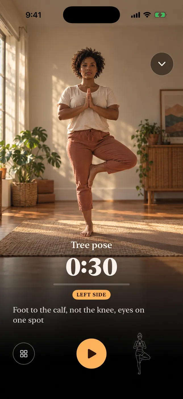 Tree pose during a Yoga routine, held in a sunlit living room, with a thirty second timer.