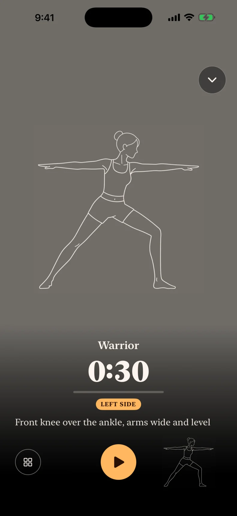 The same Warrior pose as a white line drawing on grey, the guide shown before you start, at thirty seconds.