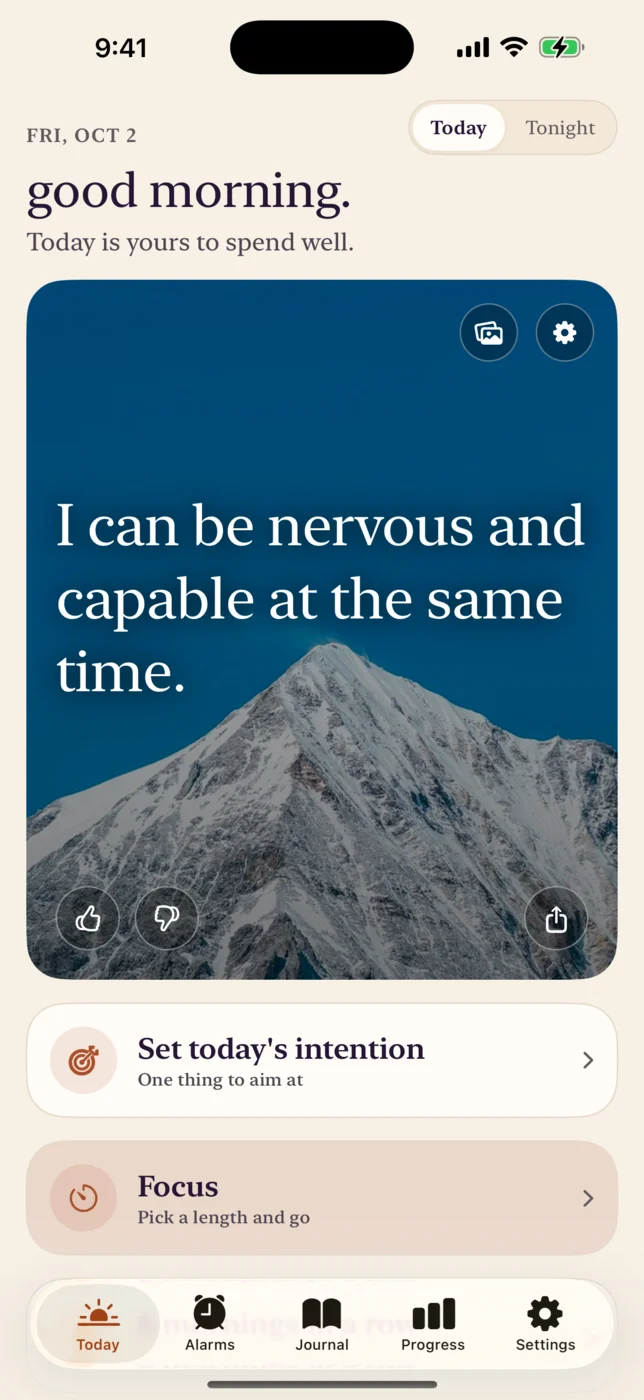 The day's line on the Today screen: I can be nervous and capable at the same time.