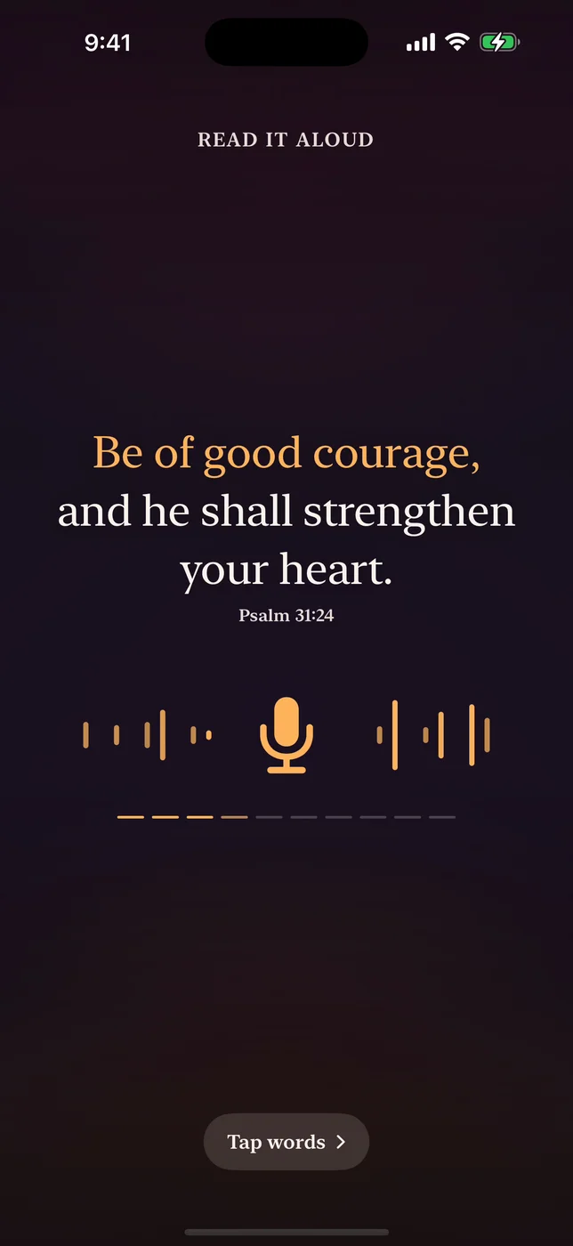 A verse being read aloud: Be of good courage, and he shall strengthen your heart. Psalm 31:24.